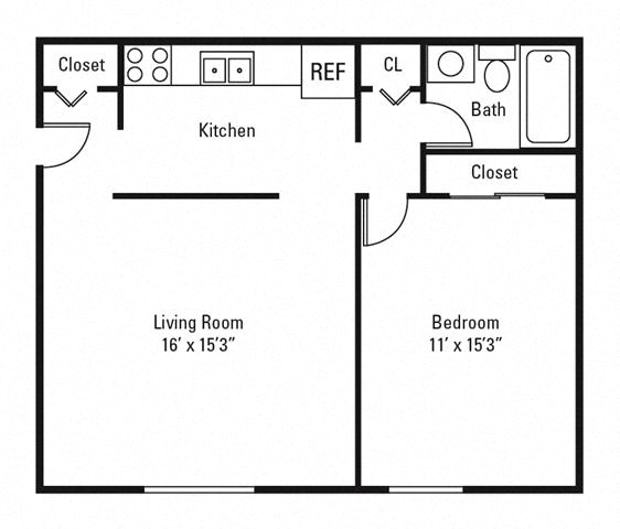 Floor plan for 1 bed, 1 bath, 640 sqft