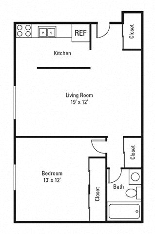 Floor plan for 1 bed, 1 bath, 650 sqft