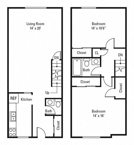 Floor plan for 2 beds, 1.5 baths, 933 sqft