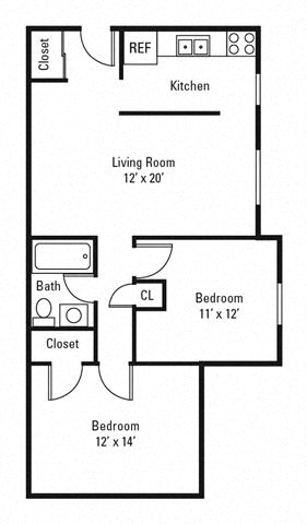 Floor plan for 2 beds, 1 bath, 770 sqft