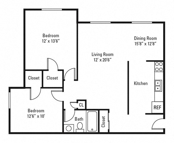 Floor plan for 2 beds, 1 bath, 933 sqft