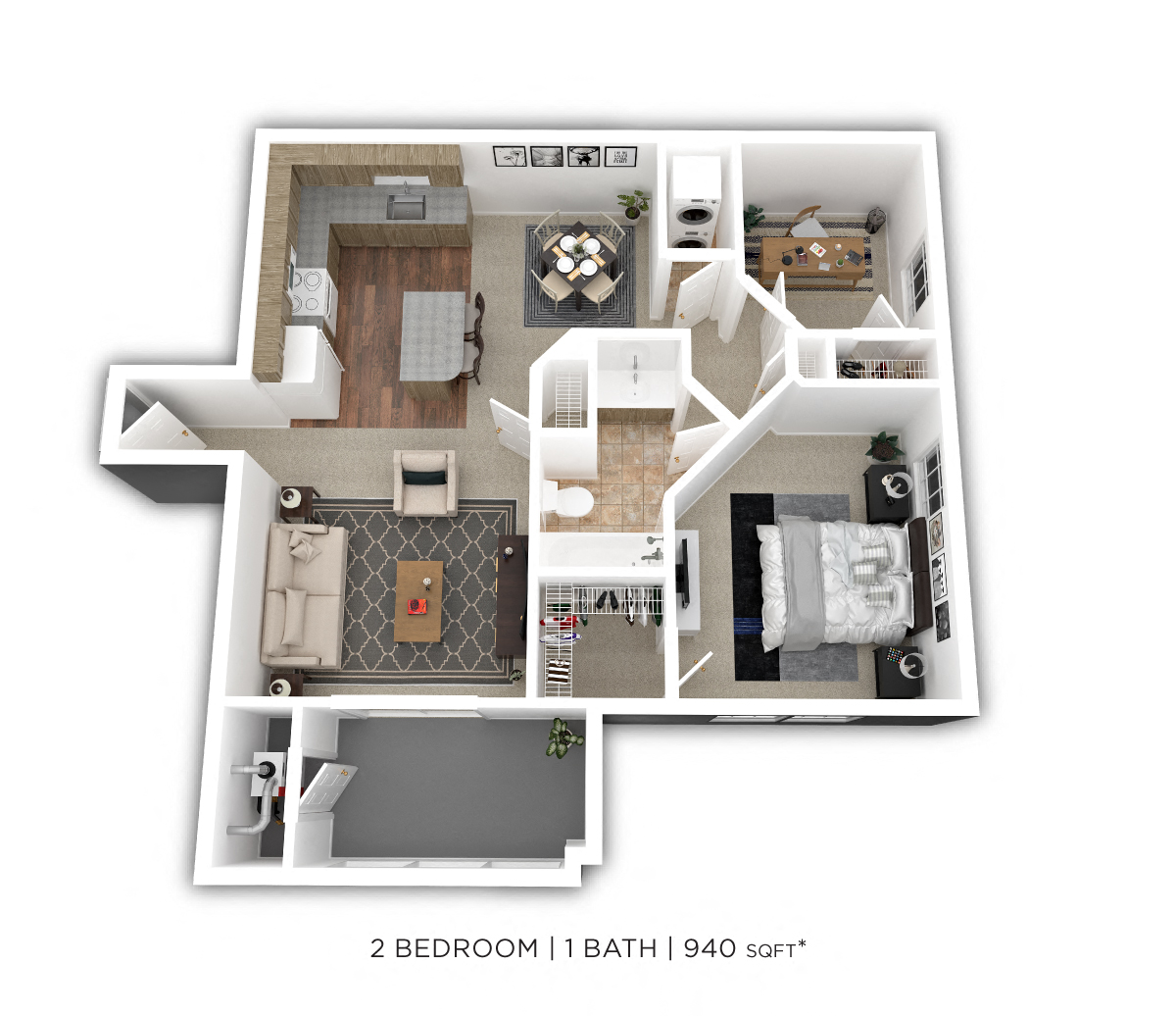 Floor plan for 2 beds, 1 bath, 940 sqft
