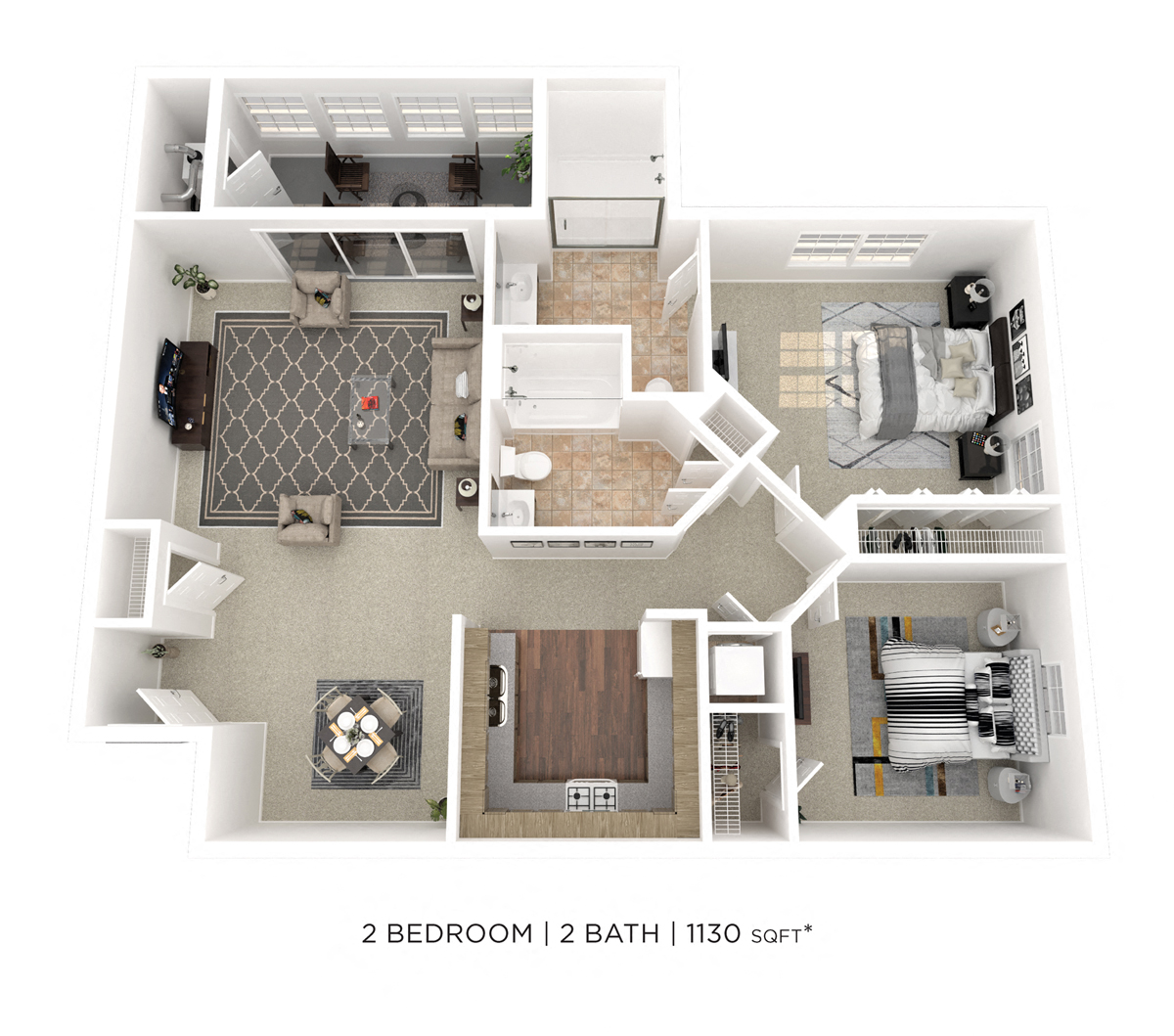 Floor plan for 2 beds, 2 baths, 1130 sqft