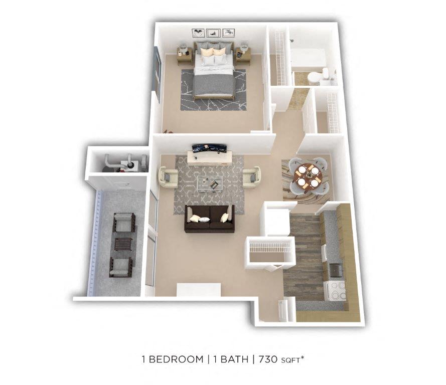 Floor plan for 1 bed, 1 bath, 730 sqft