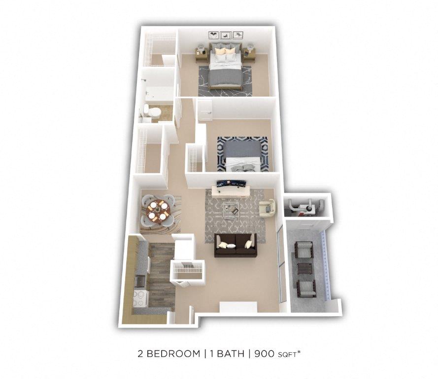 Floor plan for 2 beds, 1 bath, 900 sqft