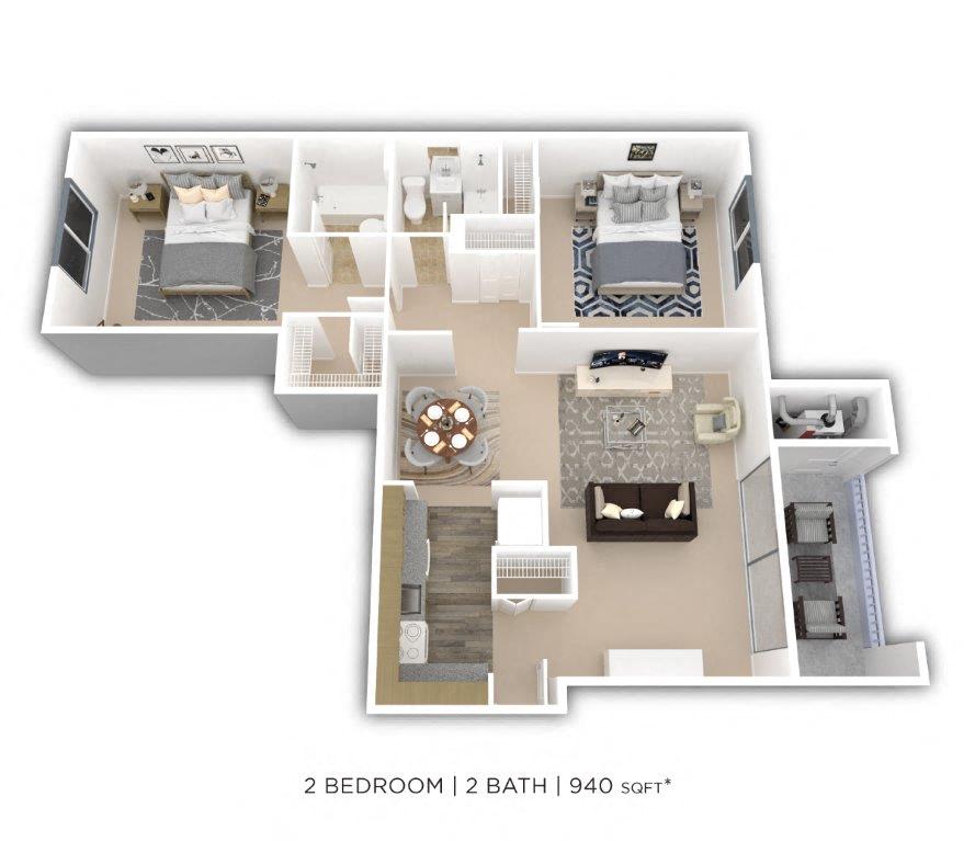 Floor plan for 2 beds, 2 baths, 940 sqft
