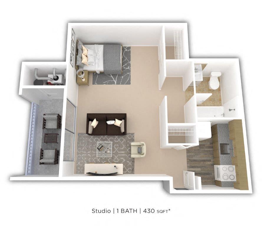 Floor plan for studio, 1 bath, 430 sqft