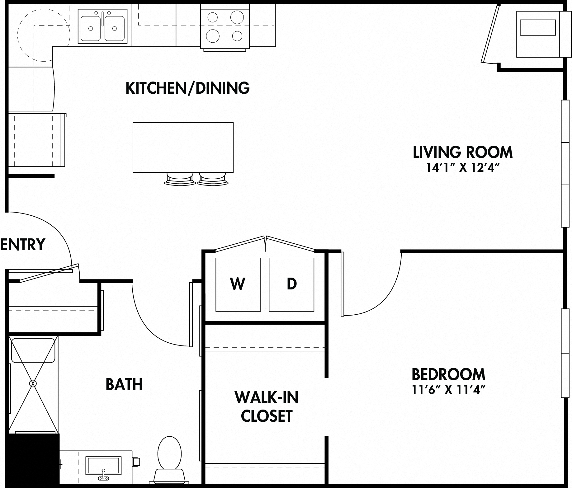 Floor plan for 1 bed, 1 bath, 709 sqft