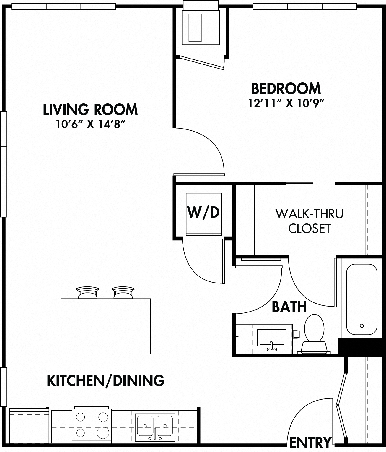 Floor plan for 1 bed, 1 bath, 707 sqft