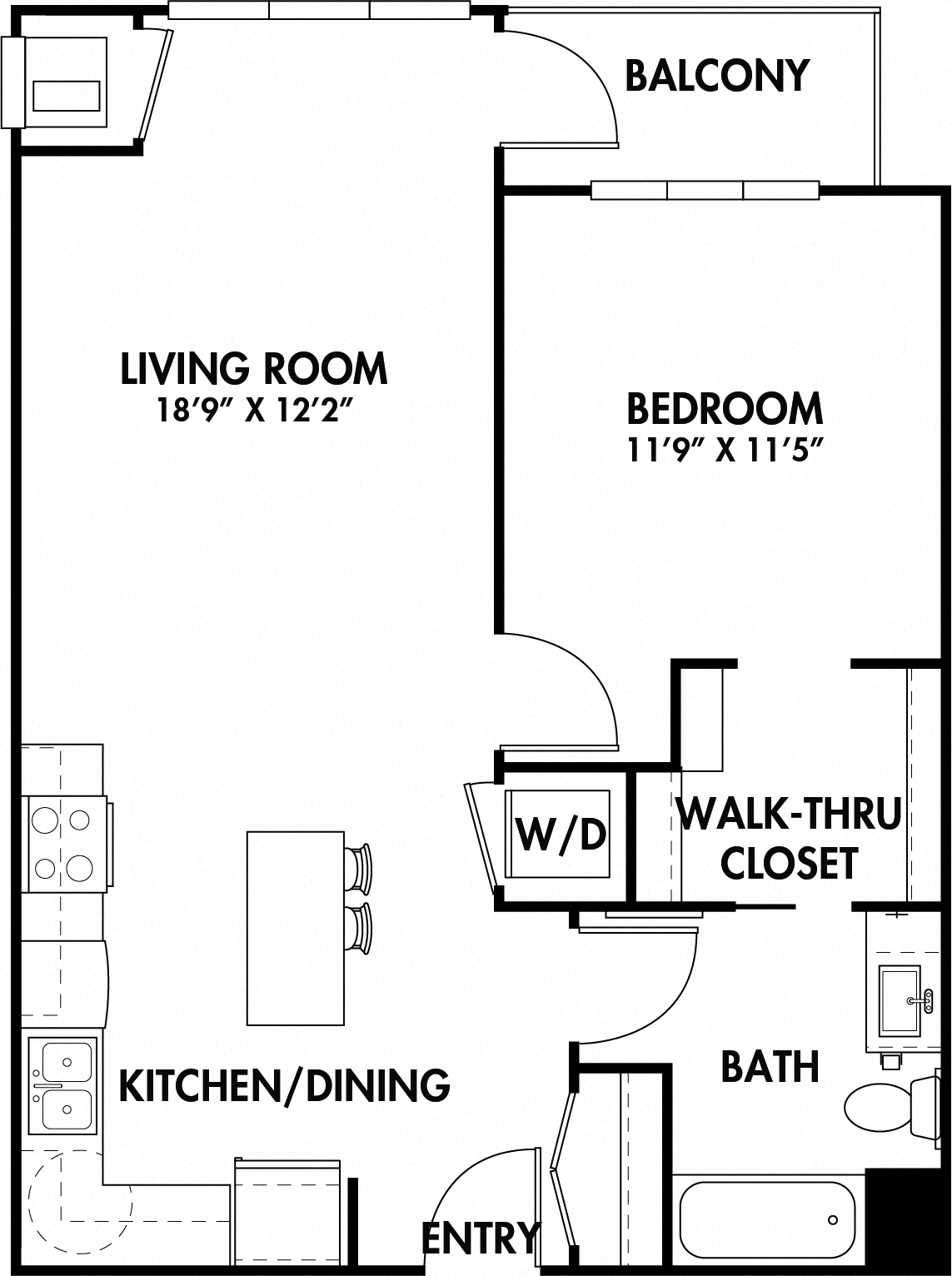 Floor plan for 1 bed, 1 bath, 771 sqft