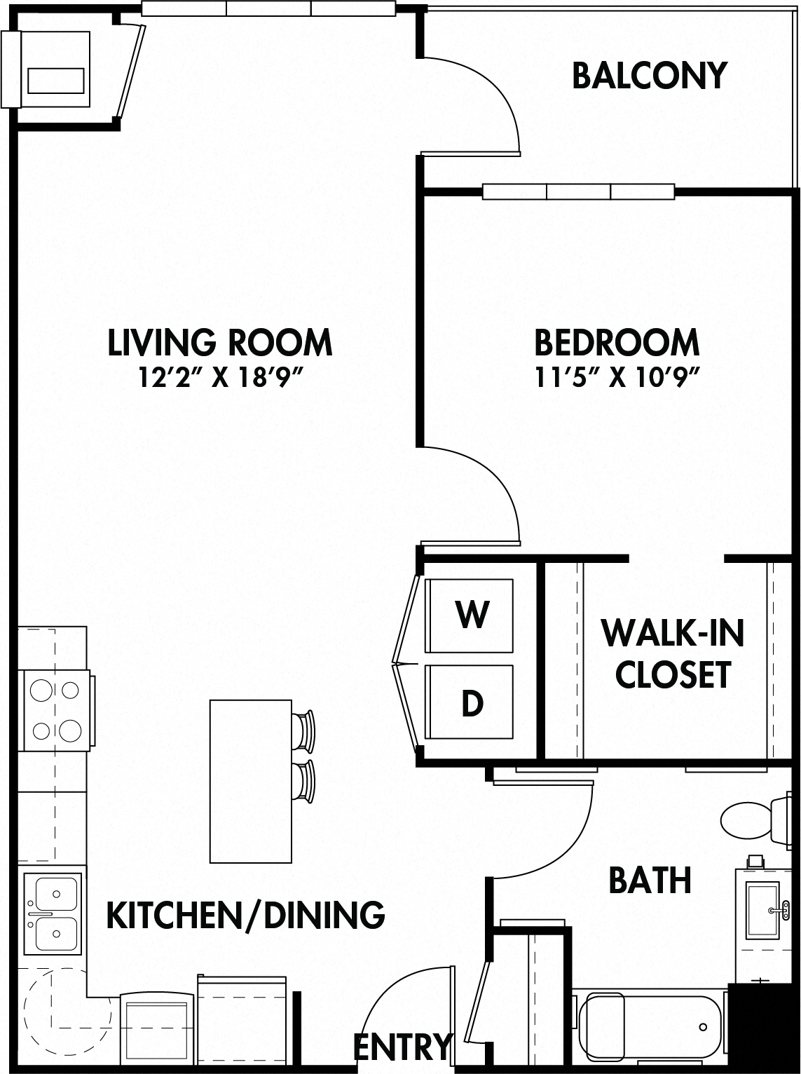 Floor plan for 1 bed, 1 bath, 756 sqft