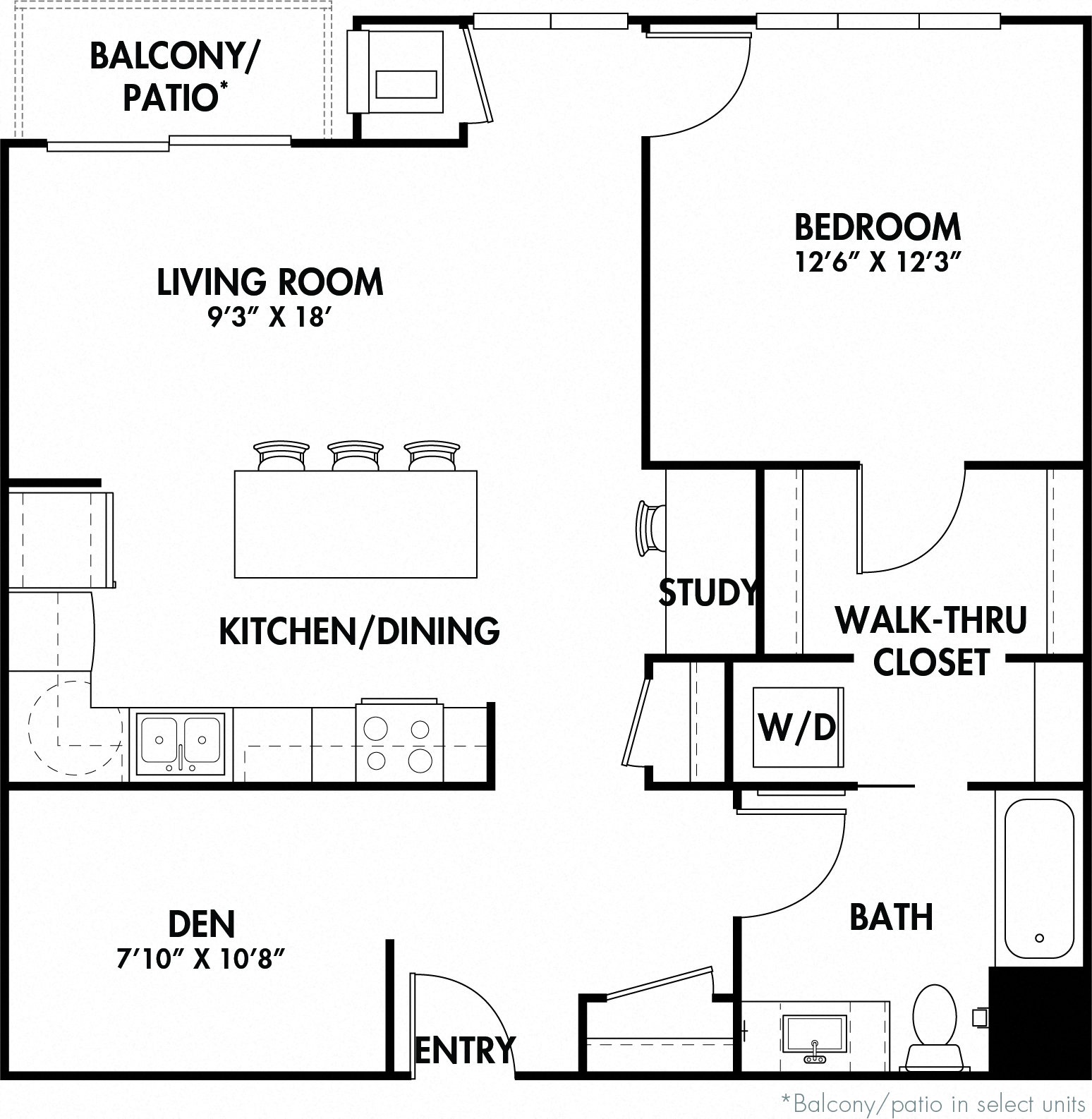 Floor plan for 1 bed, 1 bath, 947 sqft