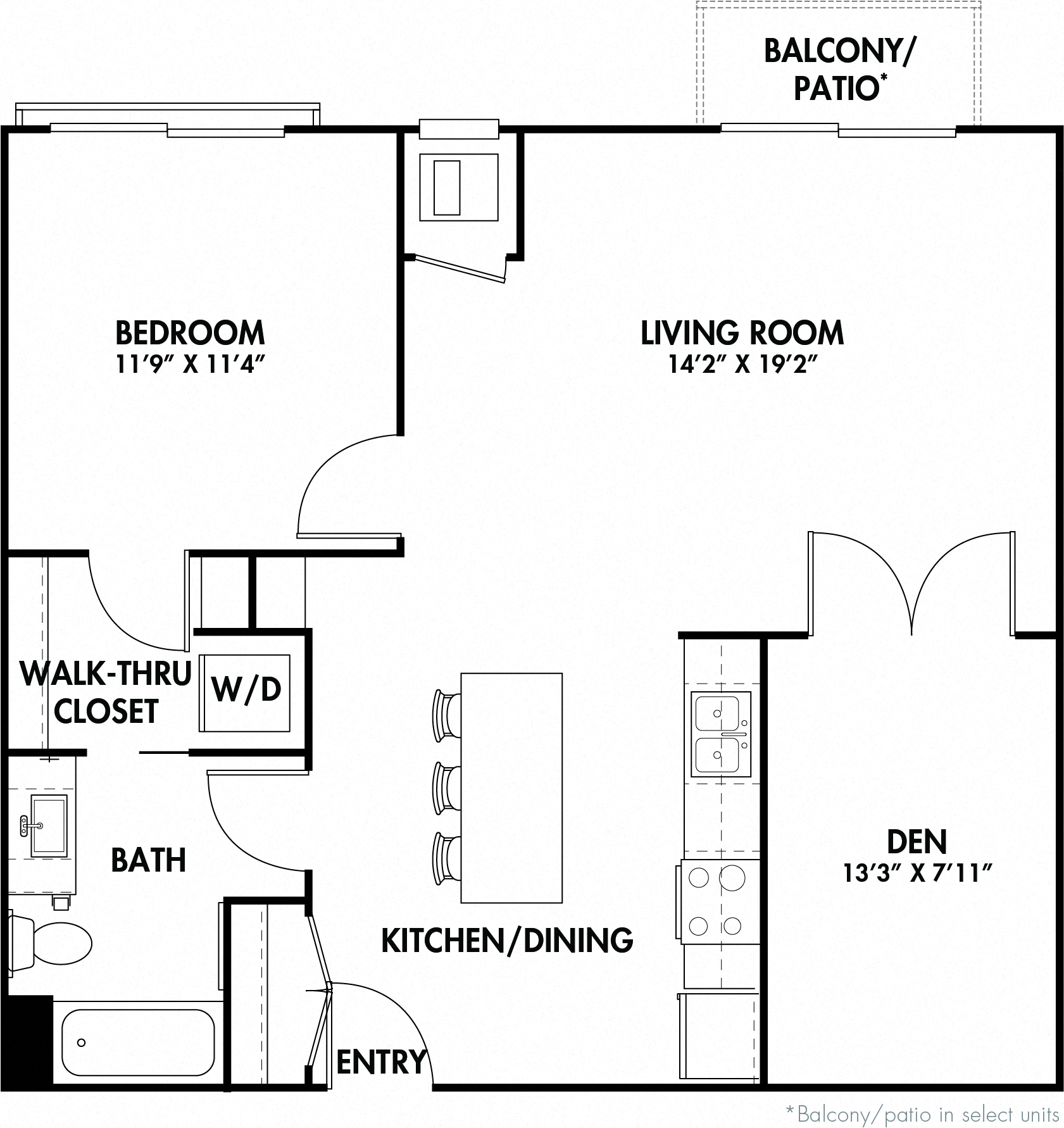 Floor plan for 1 bed, 1 bath, 908 sqft