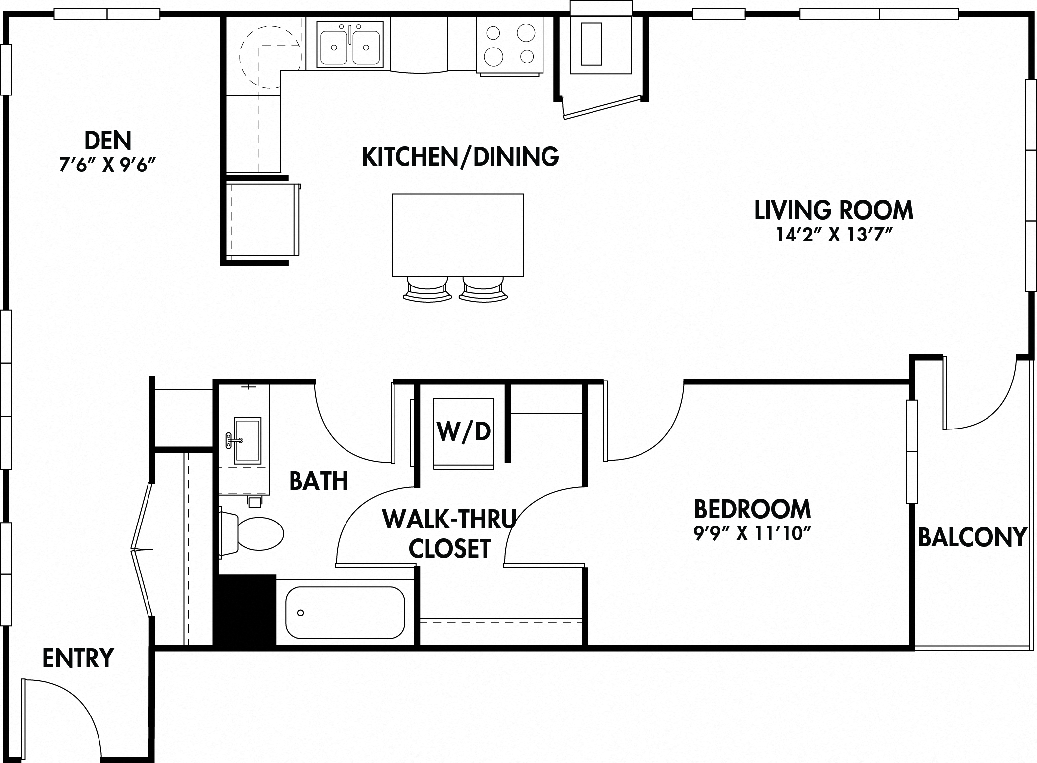 Floor plan for 1 bed, 1 bath, 948 sqft