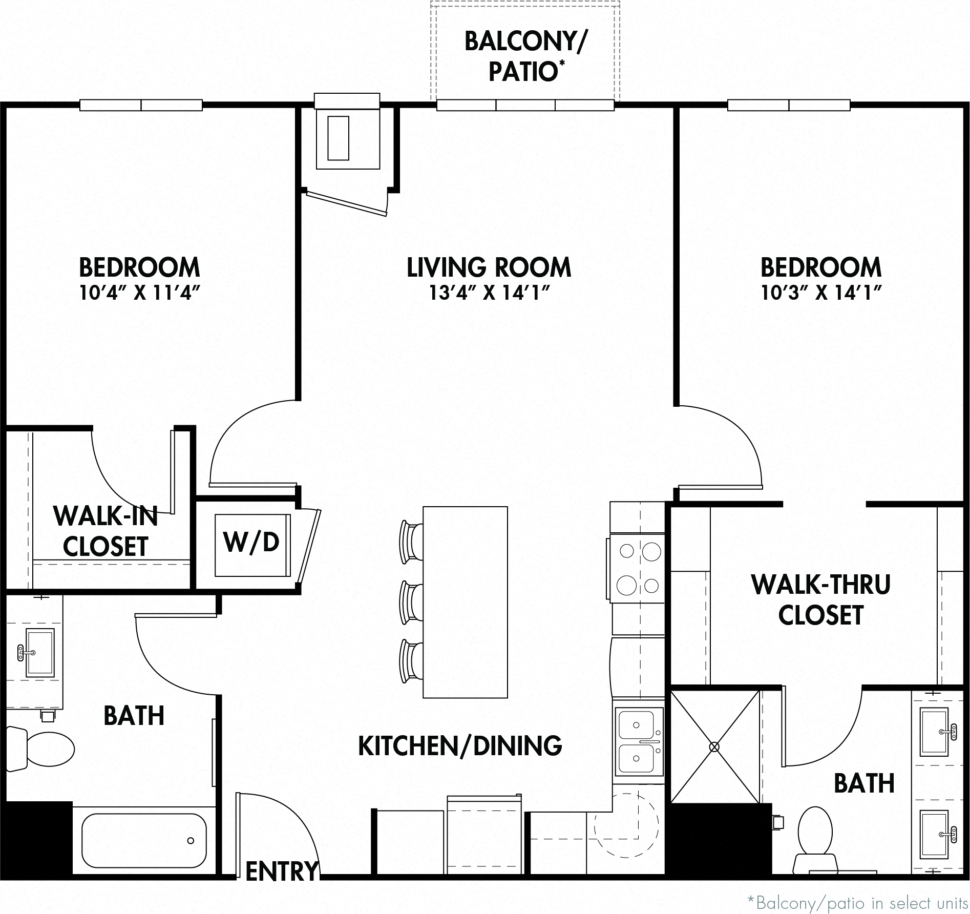 Floor plan for 2 beds, 2 baths, 1032 sqft