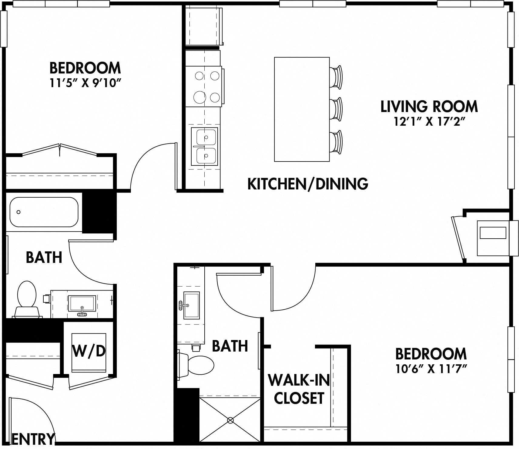 Floor plan for 2 beds, 2 baths, 1045 sqft