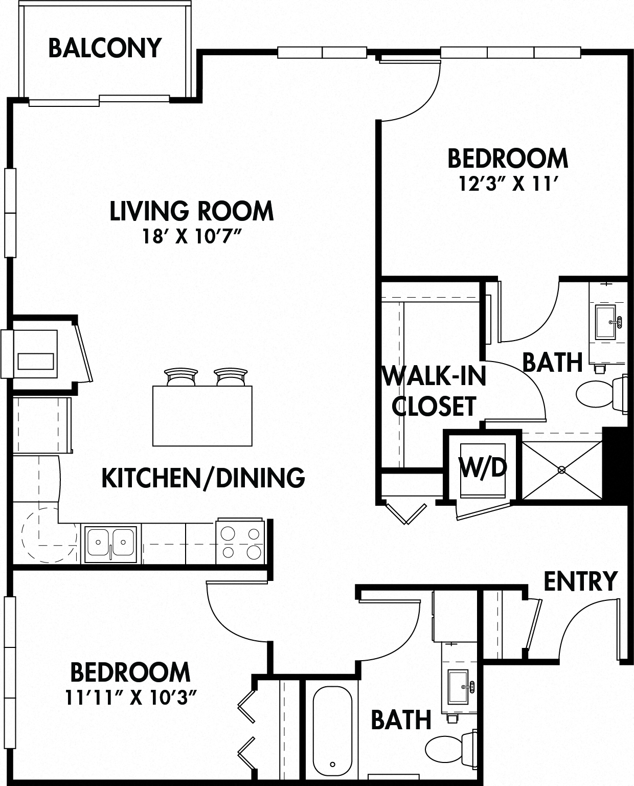 Floor plan for 2 beds, 2 baths, 1103 sqft