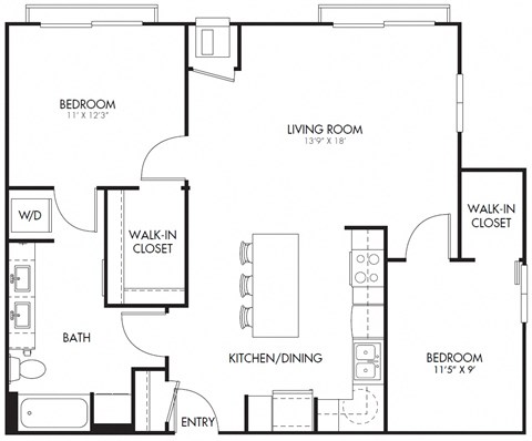 Floor plan for 2 beds, 1 bath, 990 sqft