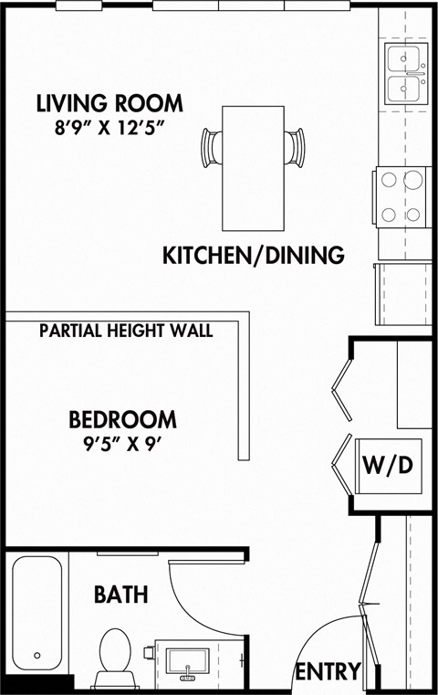 Floor plan for studio, 1 bath, 513 sqft