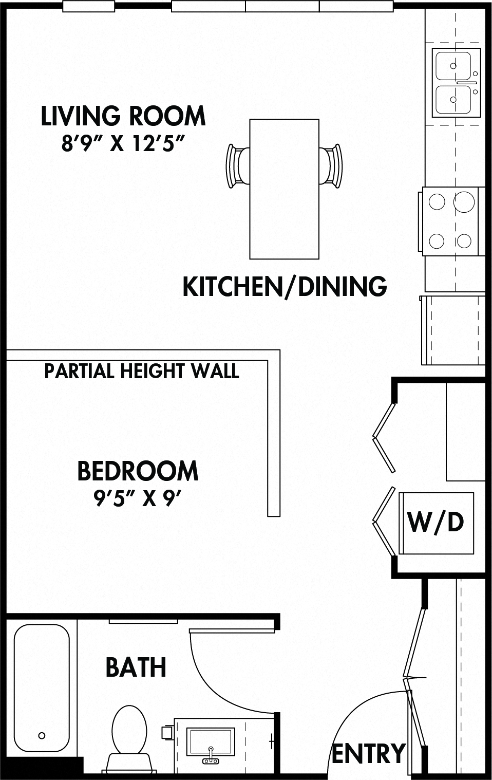 Floor plan for studio, 1 bath, 516 sqft
