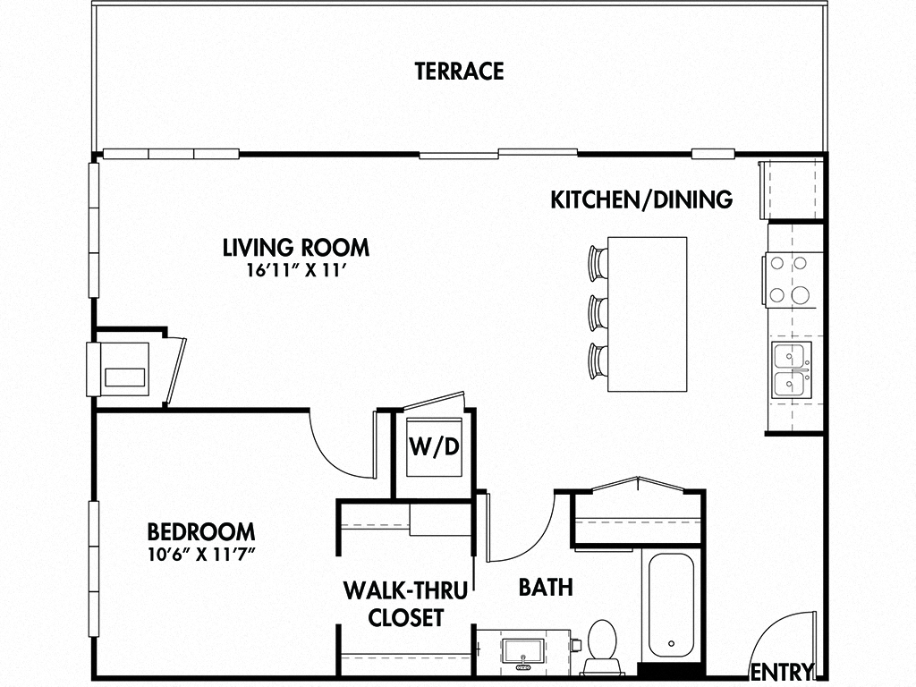Floor plan for 1 bed, 1 bath, 803 sqft