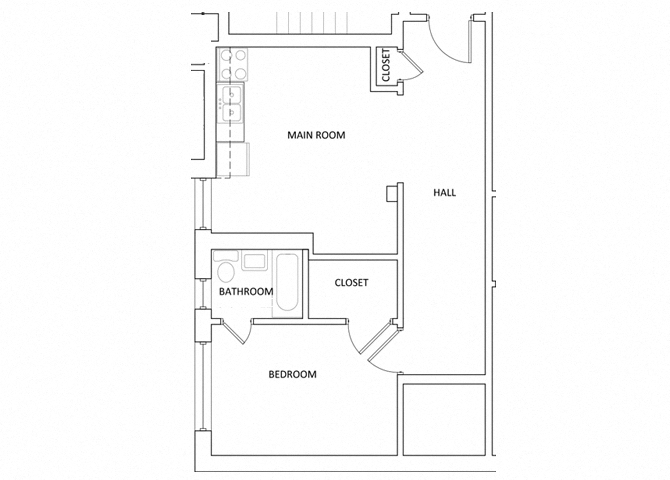 Floor plan for 1 bed, 1 bath, 539 sqft
