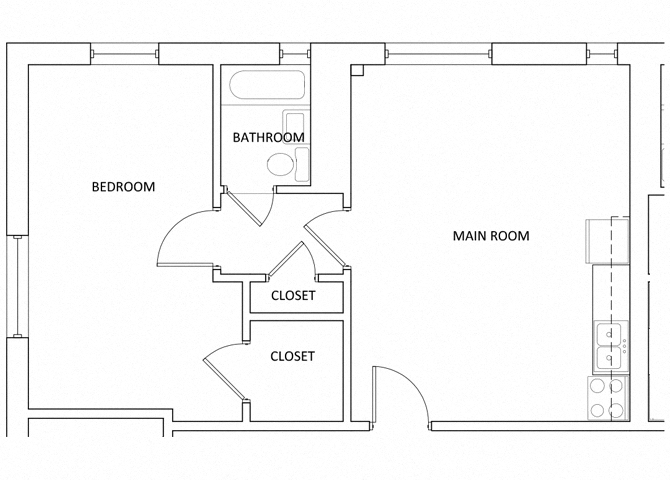 Floor plan for 1 bed, 1 bath, 615 sqft