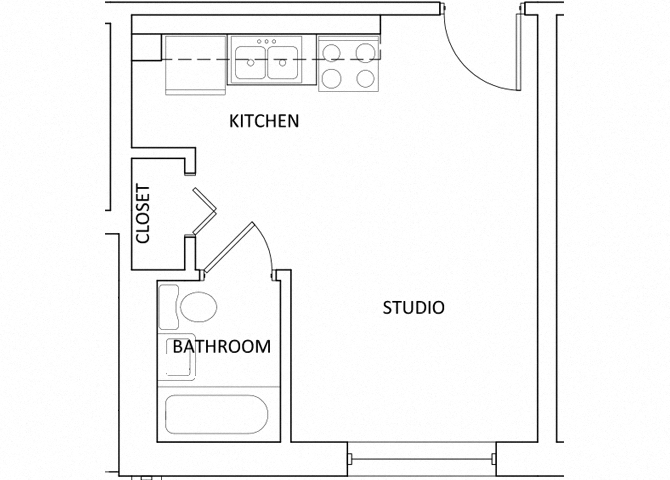 Floor plan for studio, 1 bath, 260 sqft