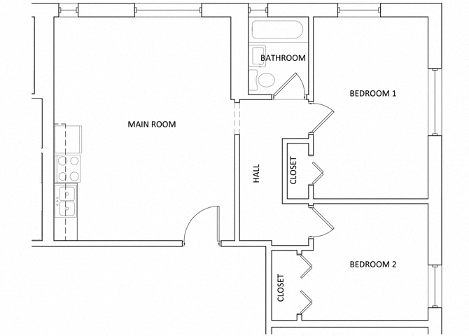 Floor plan for 2 beds, 1 bath, 707 sqft