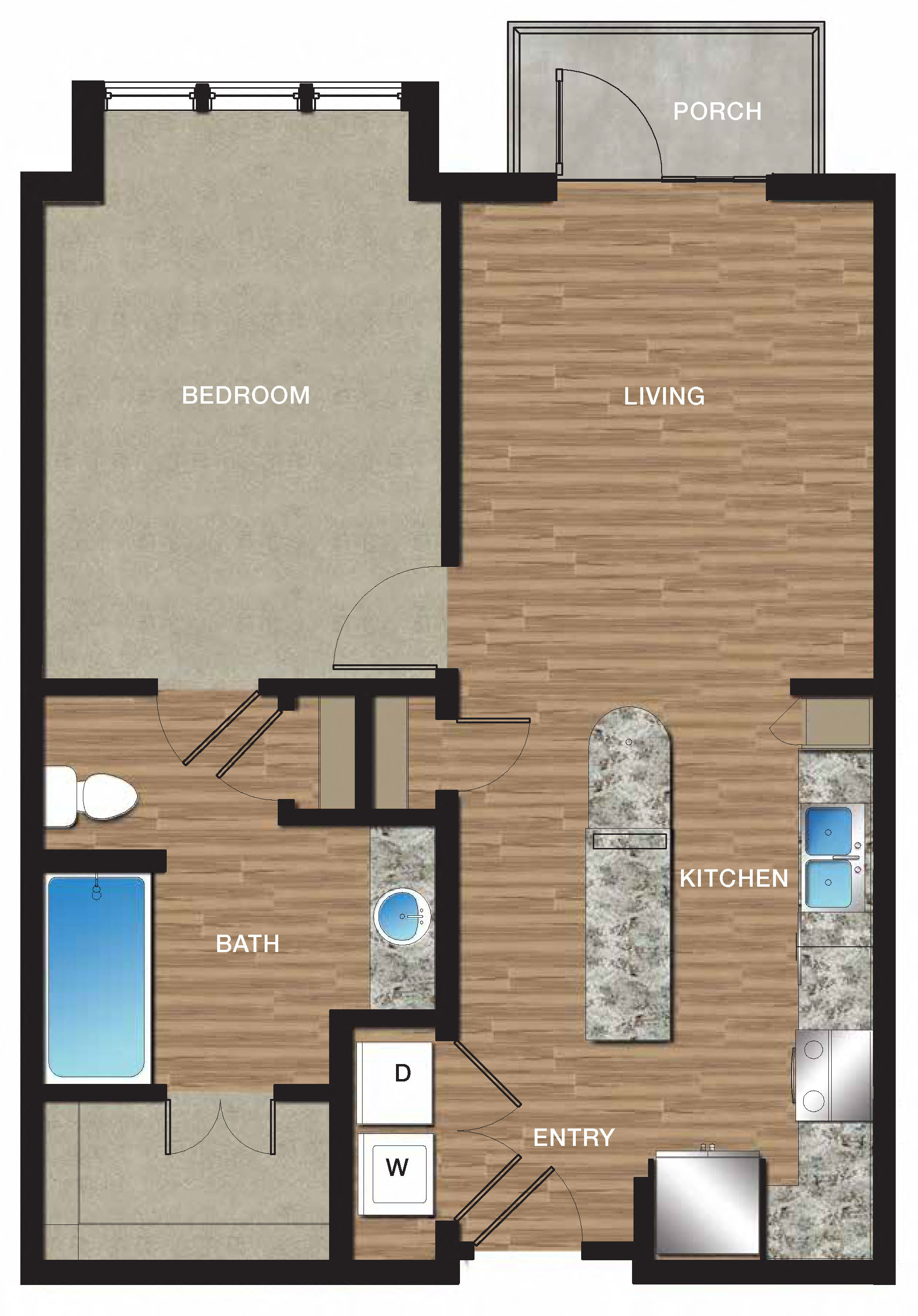 Floor plan for 1 bed, 1 bath, 745 sqft