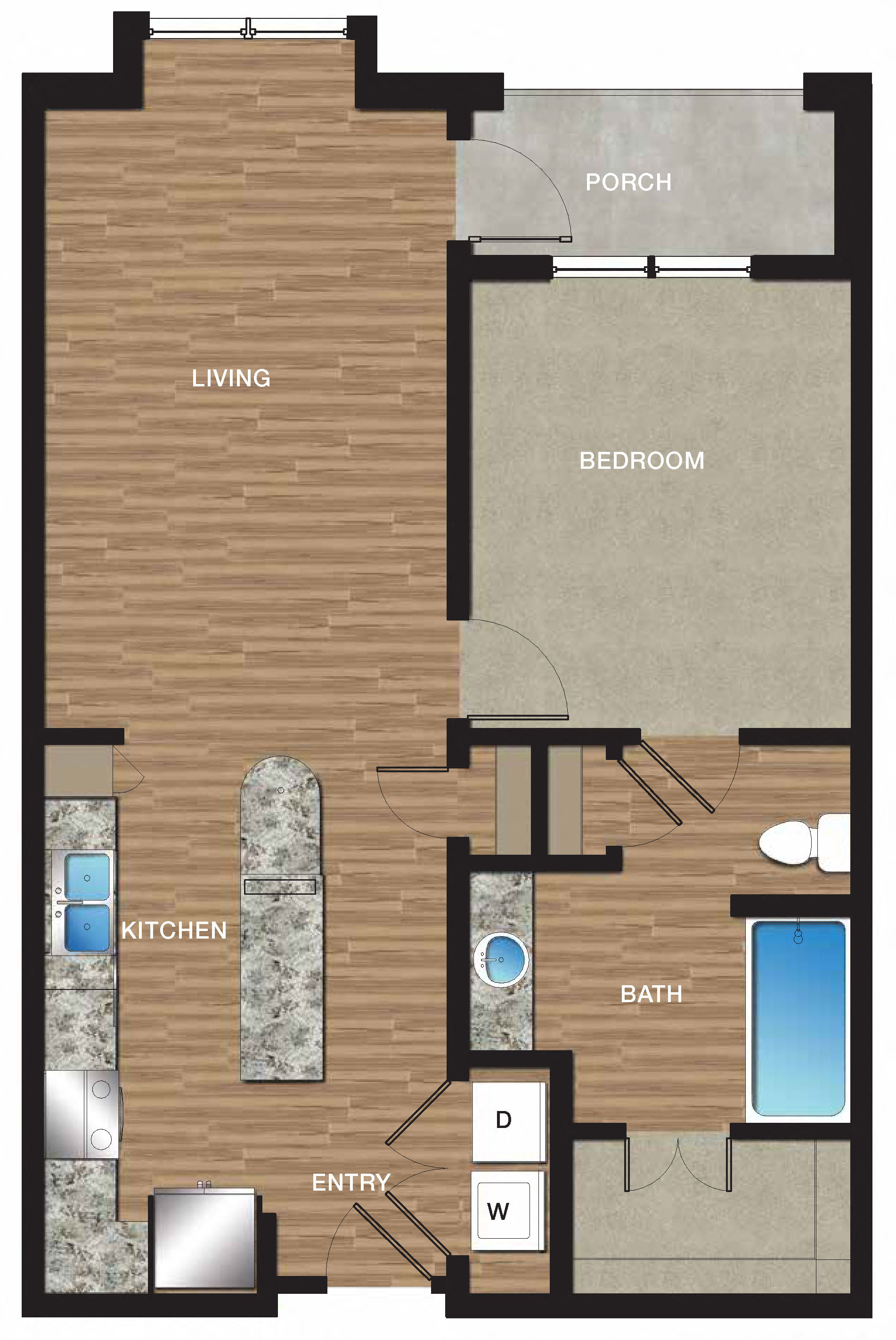 Floor plan for 1 bed, 1 bath, 798 sqft