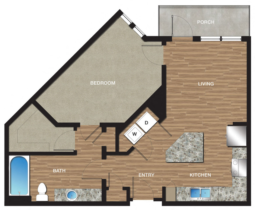 Floor plan for 1 bed, 1 bath, 776 sqft