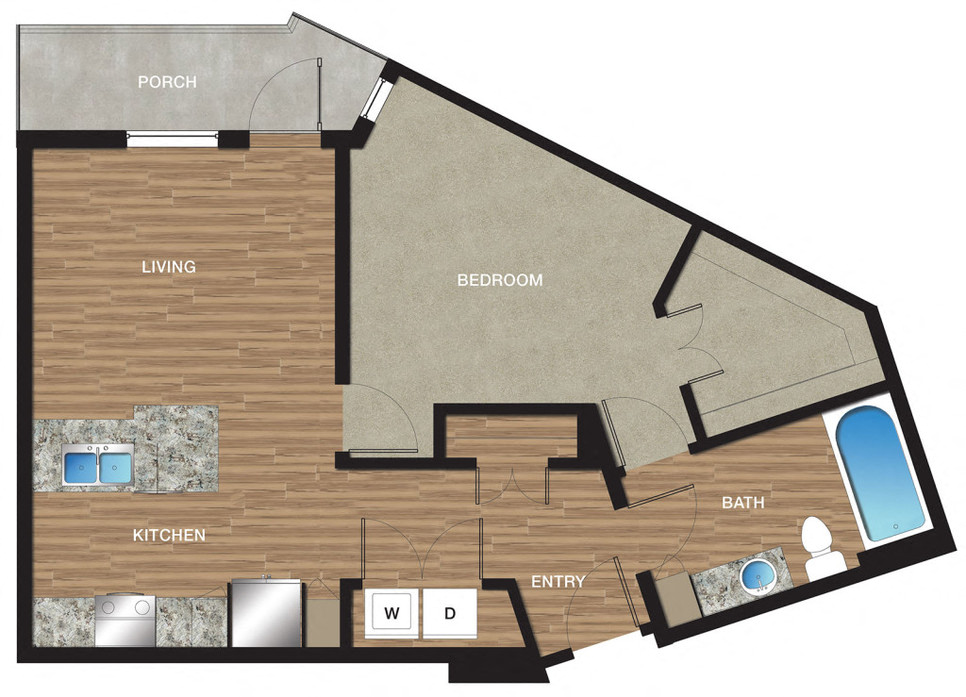 Floor plan for 1 bed, 1 bath, 784 sqft
