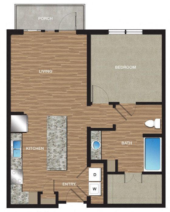 Floor plan for 1 bed, 1 bath, 836 sqft
