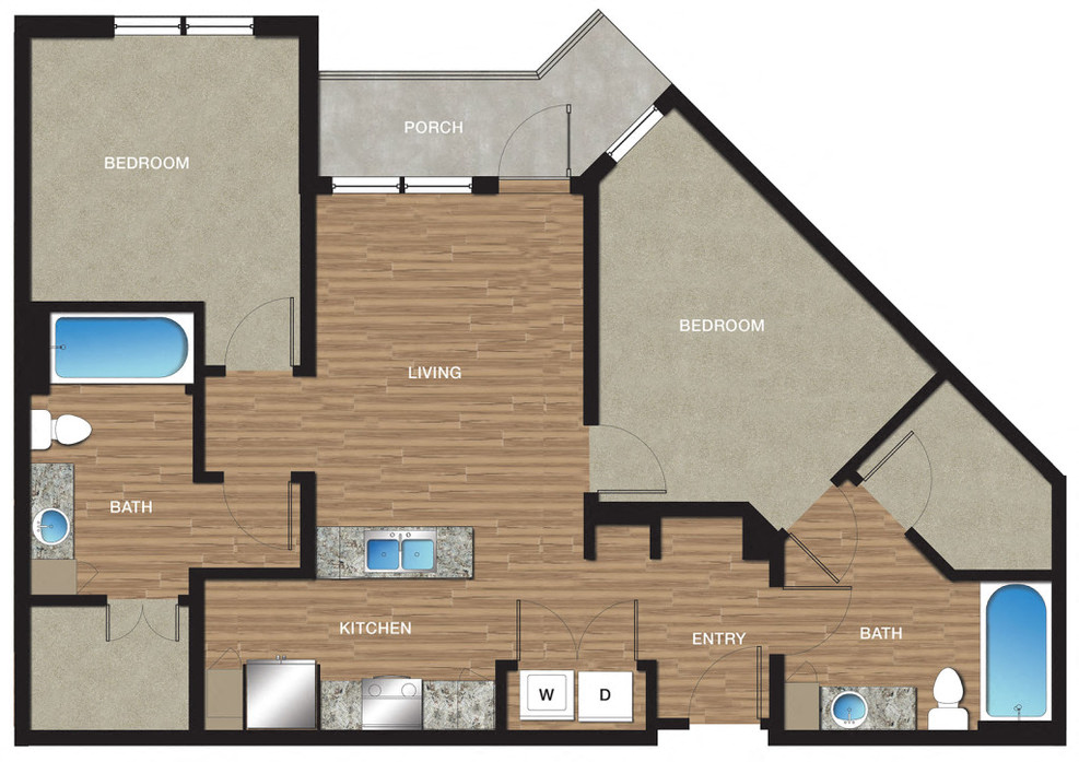 Floor plan for 2 beds, 2 baths, 1040 sqft