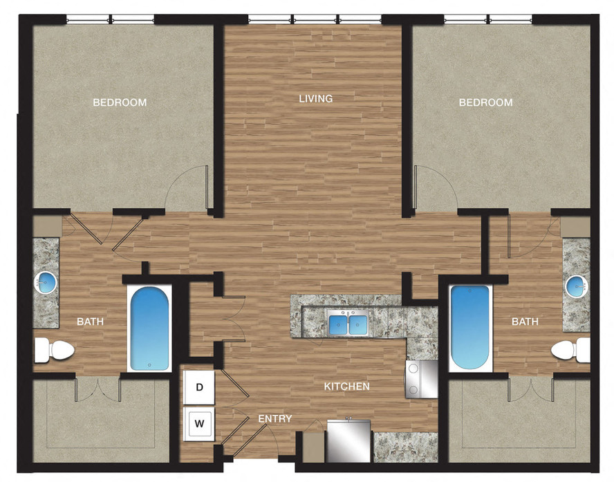 Floor plan for 2 beds, 2 baths, 1140 sqft