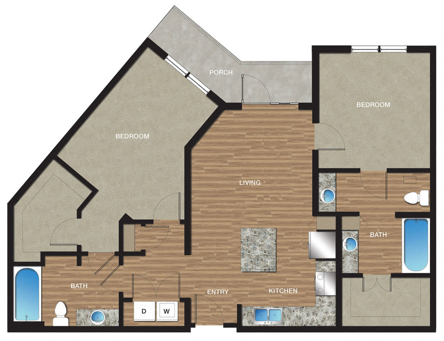 Floor plan for 2 beds, 2 baths, 1162 sqft