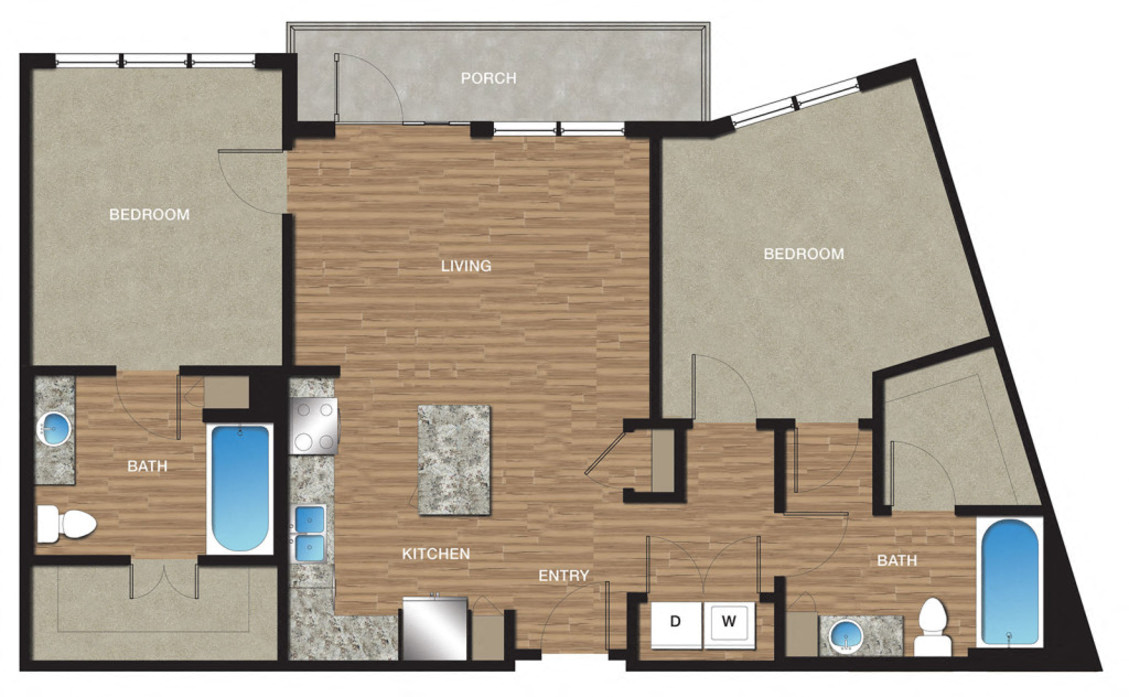 Floor plan for 2 beds, 2 baths, 1107 sqft