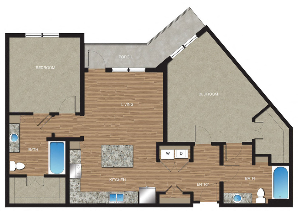 Floor plan for 2 beds, 2 baths, 1299 sqft