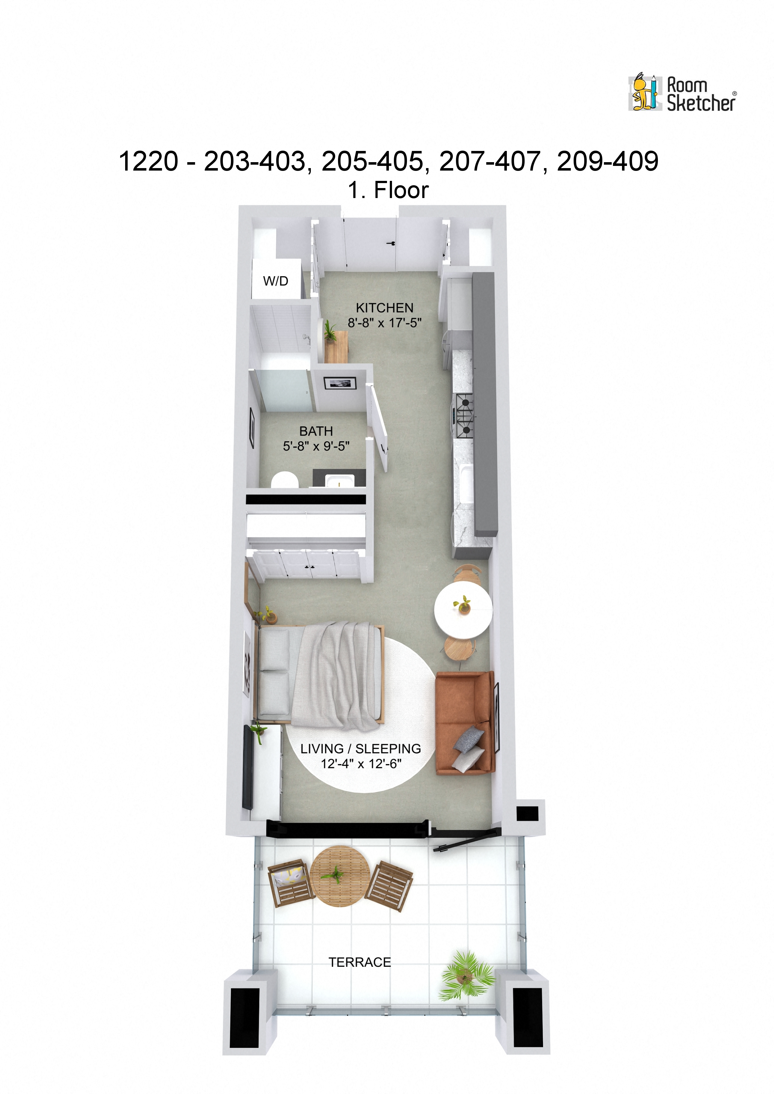 Floor plan for studio, 1 bath, 420 sqft