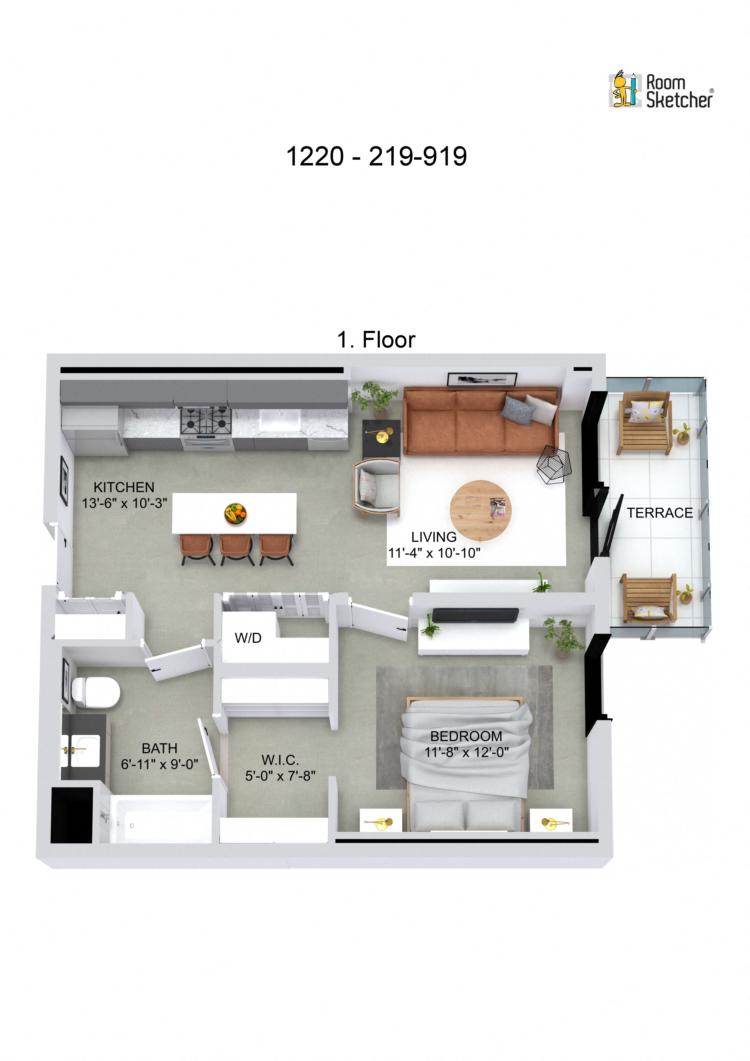 Floor plan for 1 bed, 1 bath, 622 sqft