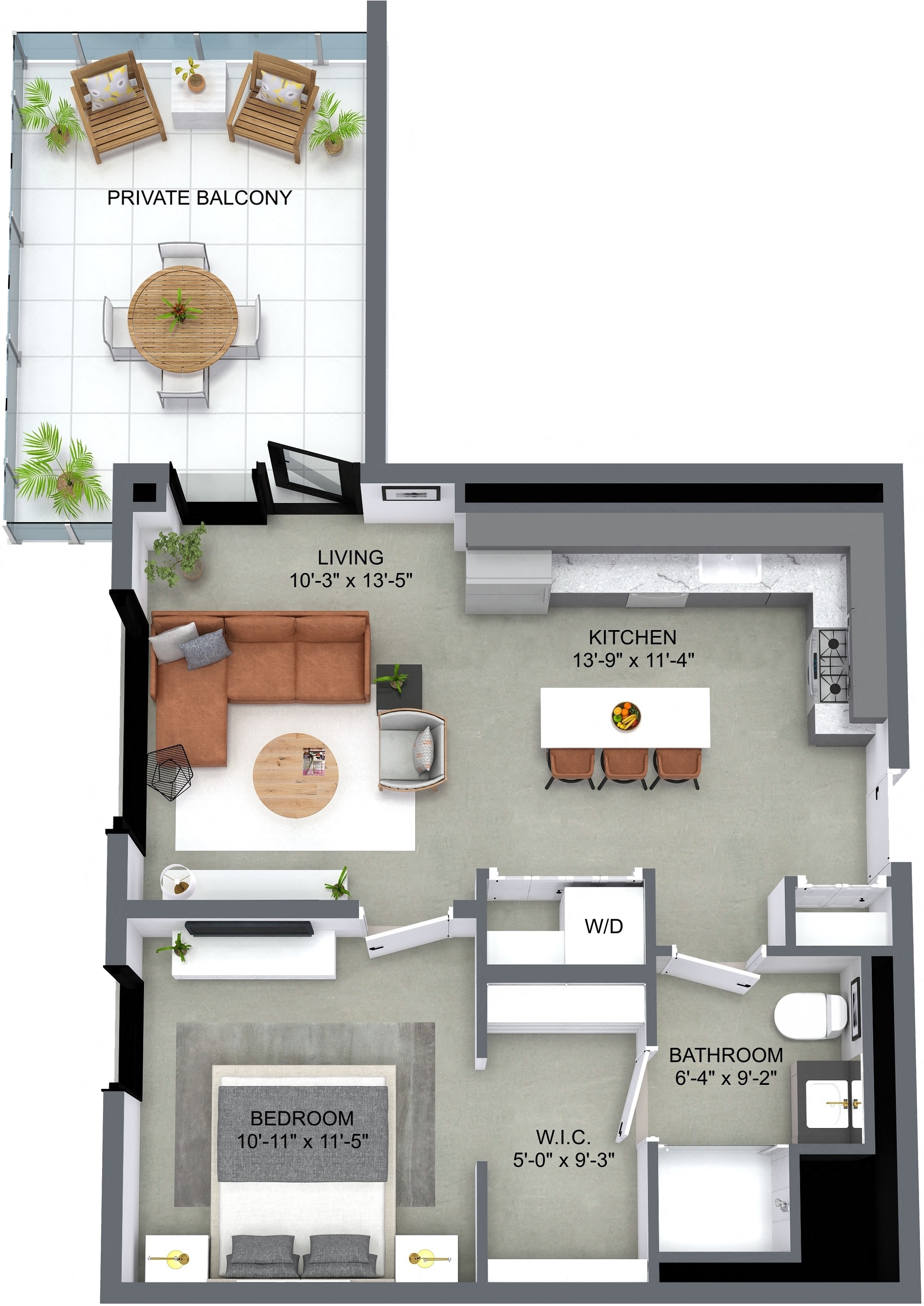 Floor plan for 1 bed, 1 bath, 672 sqft