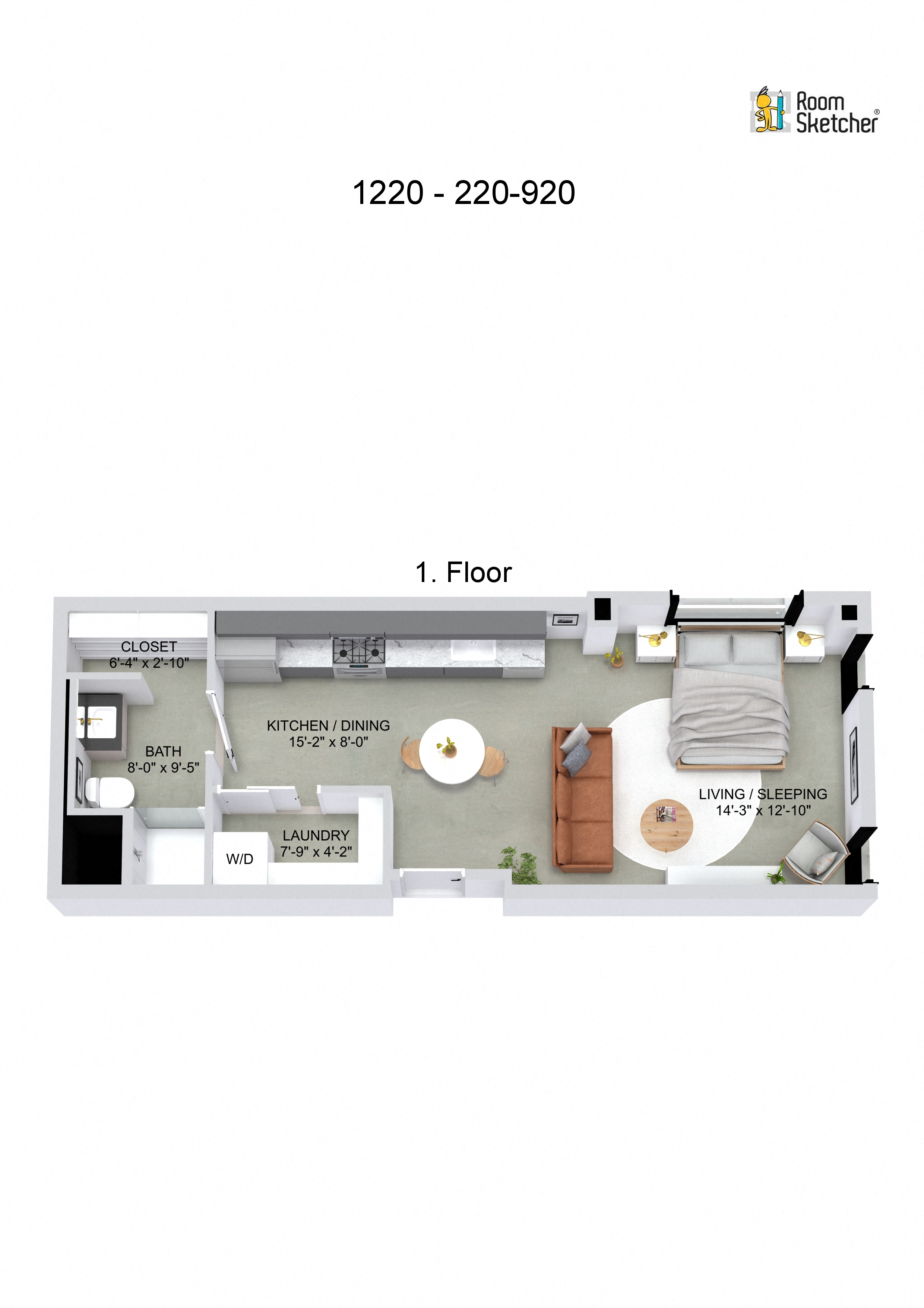 Floor plan for studio, 1 bath, 520 sqft