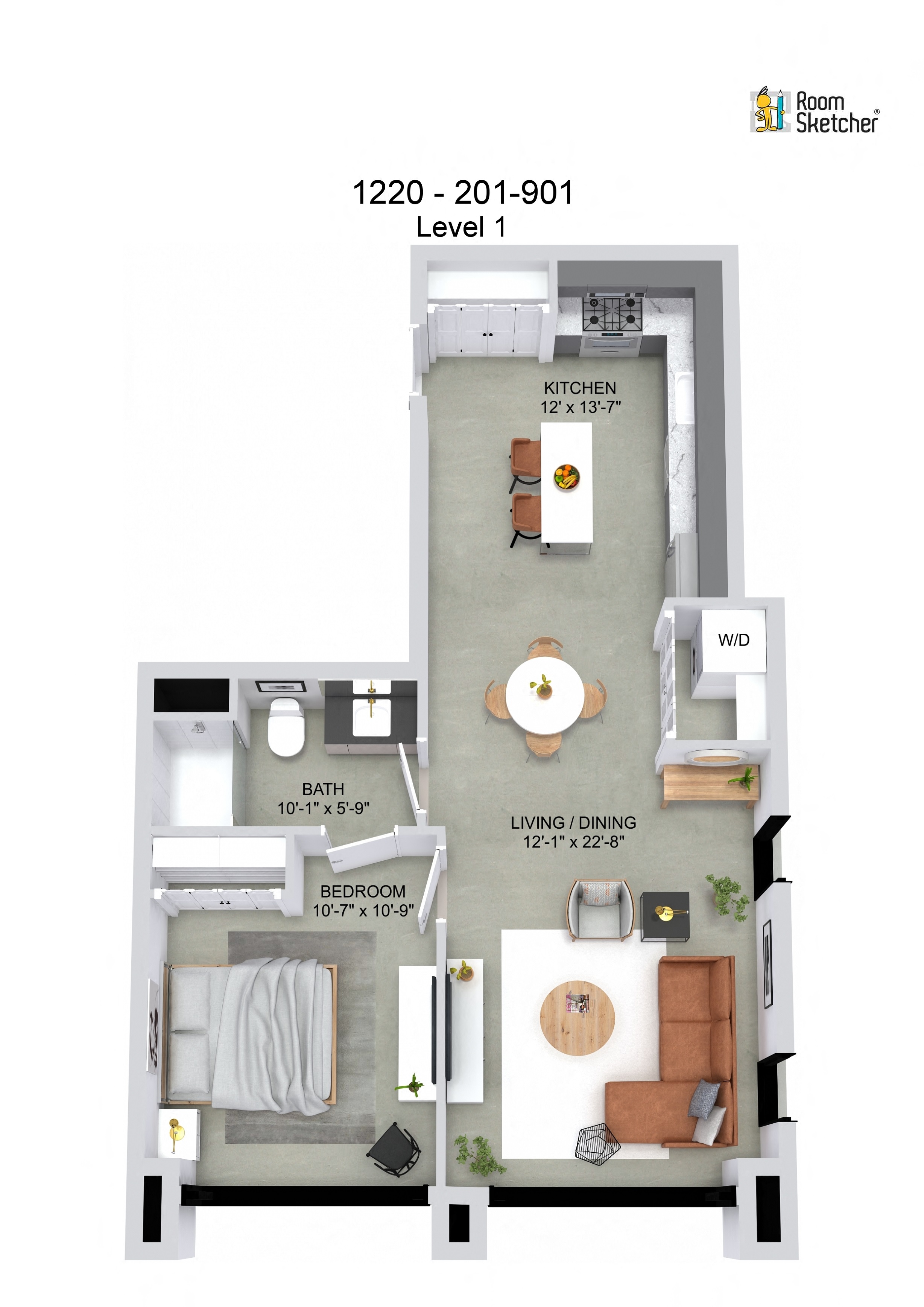 Floor plan for 1 bed, 1 bath, 749 sqft