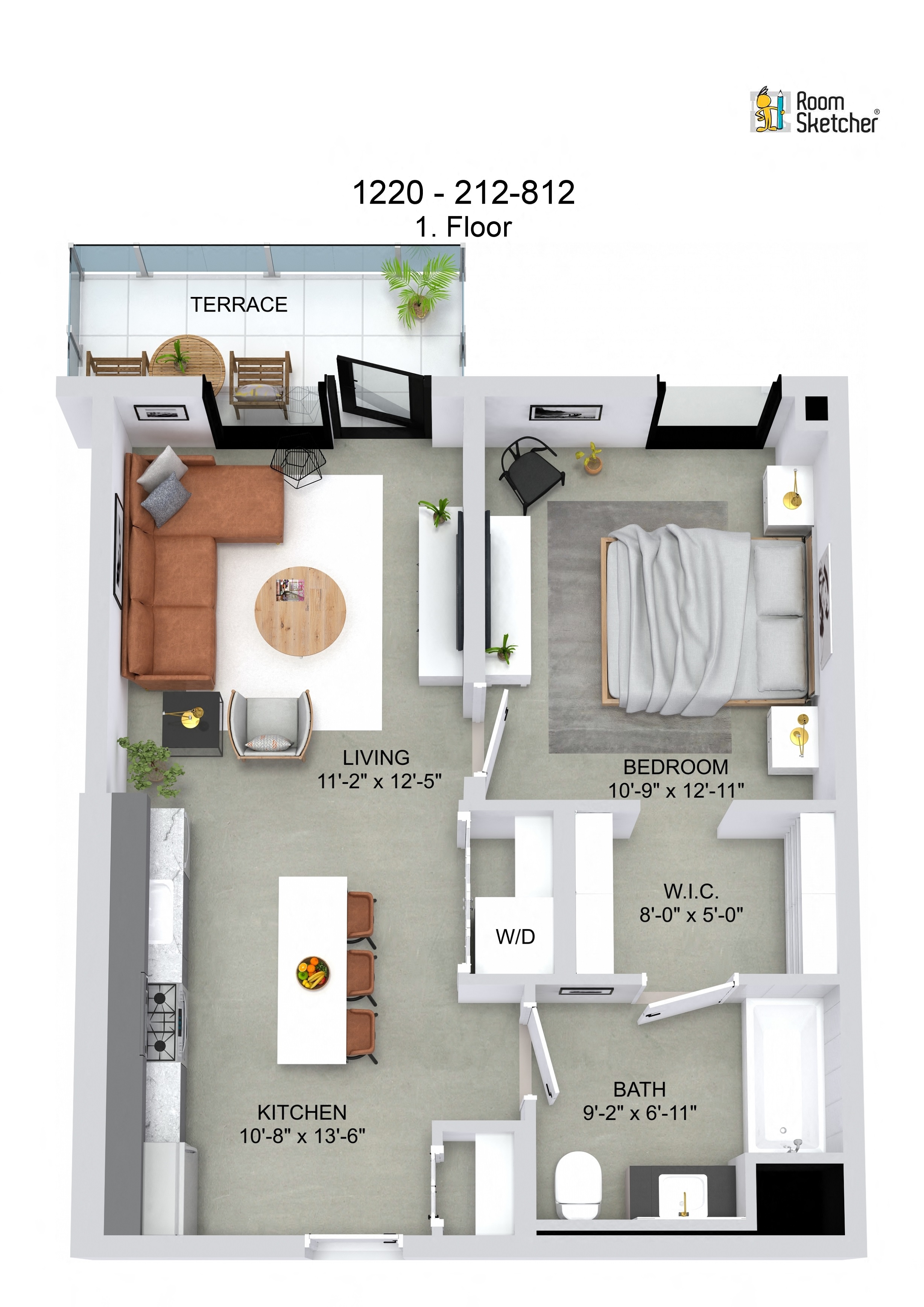 Floor plan for 1 bed, 1 bath, 634 sqft