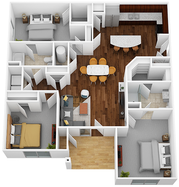 Floor plan for 3 beds, 2 baths, 1394 sqft