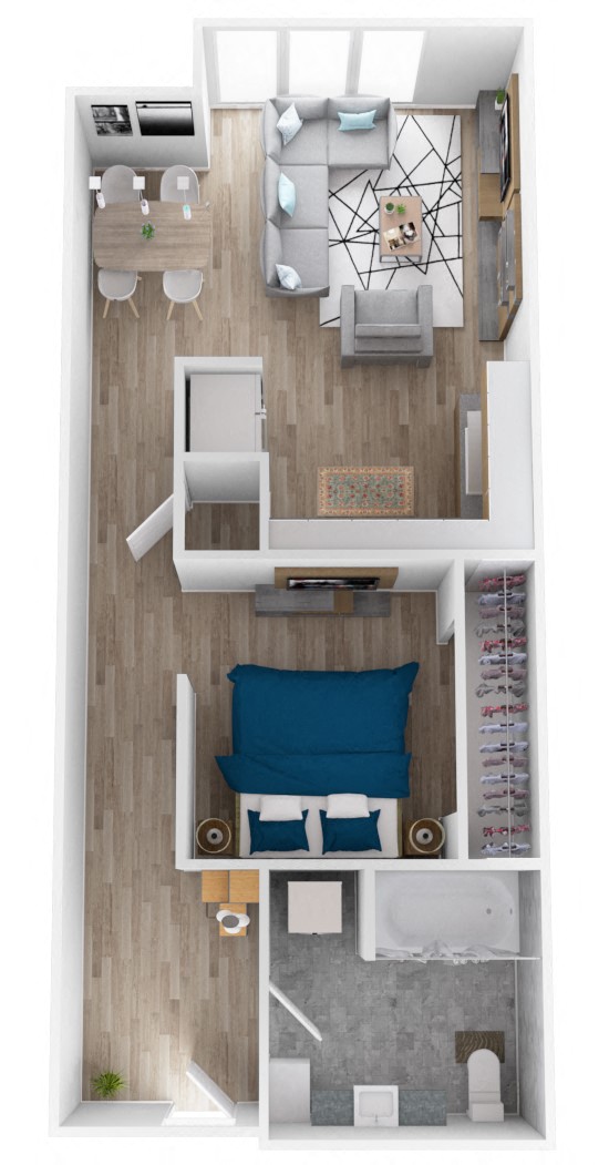 Floor plan for 1 bed, 1 bath, 691 sqft