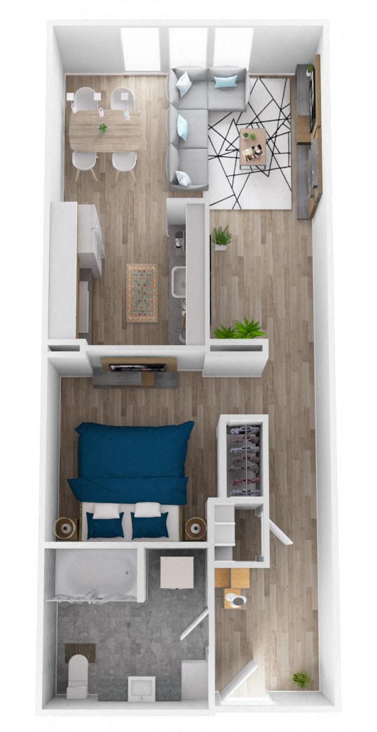 Floor plan for 1 bed, 1 bath, 683 sqft