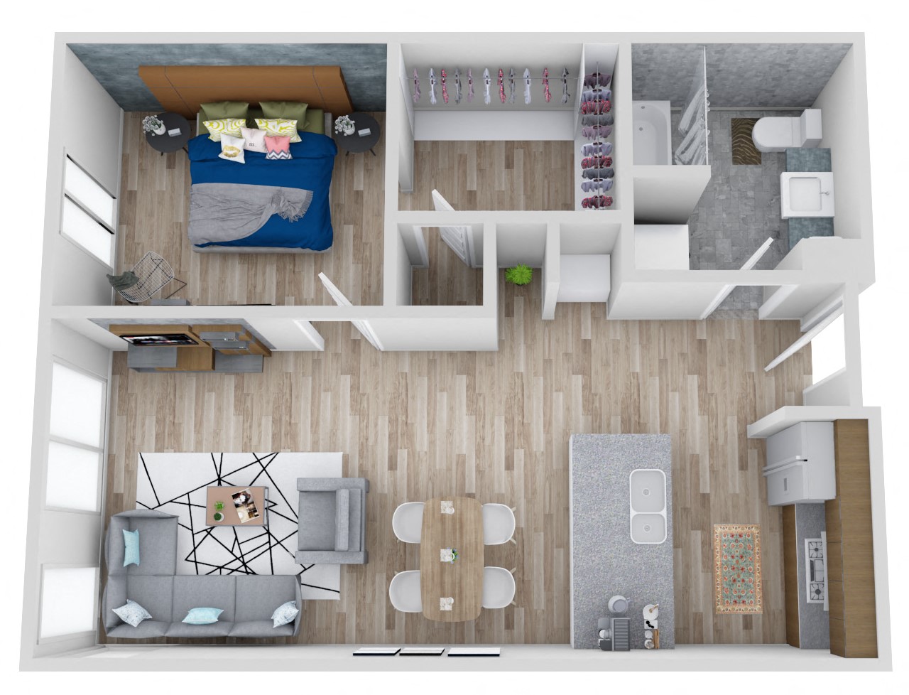 Floor plan for 1 bed, 1 bath, 775 sqft