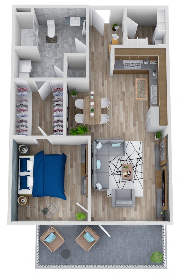 Floor plan for 1 bed, 1 bath, 700 sqft